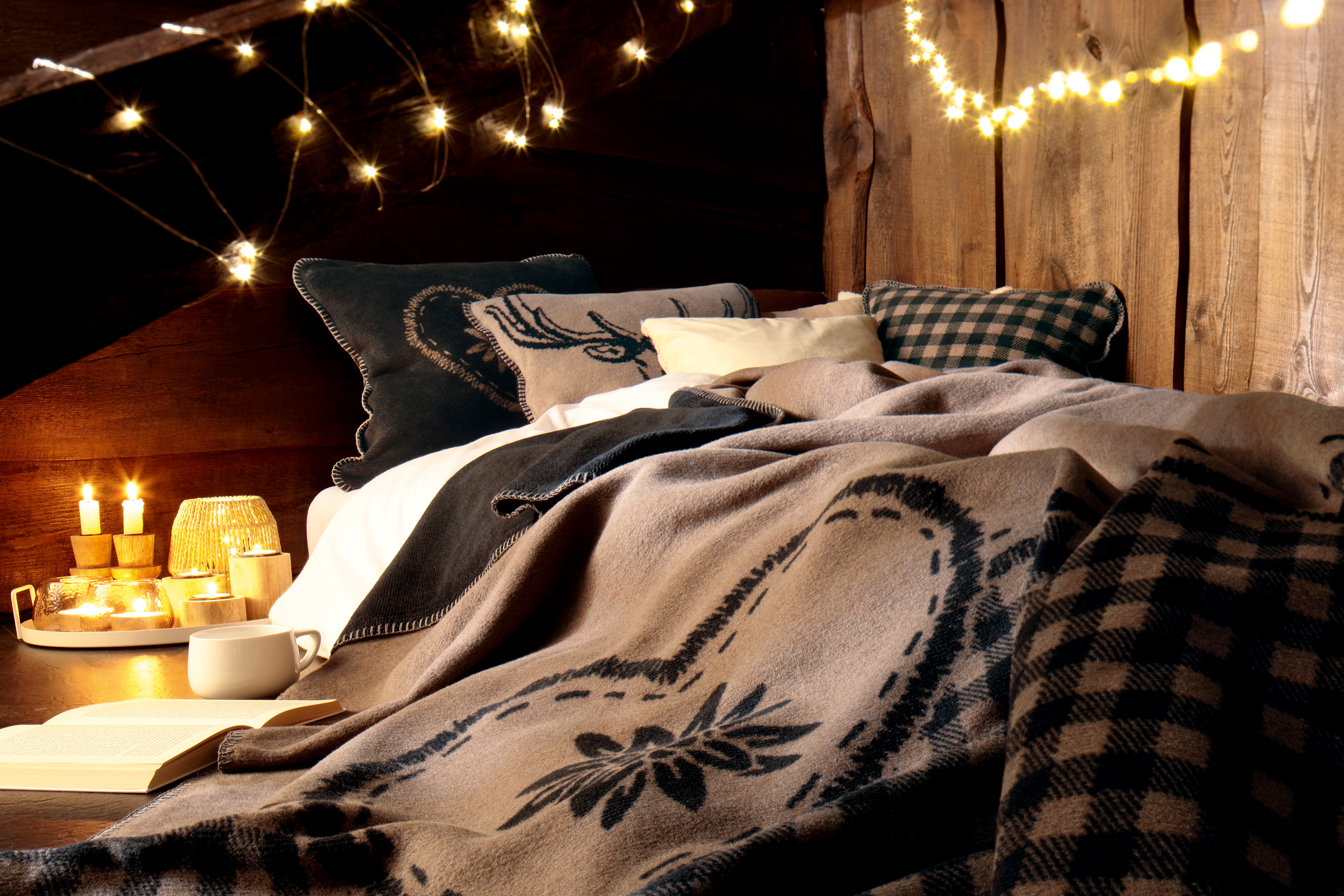 Wohndecke Alp Charm mit passenden Kissen im Hintergrund